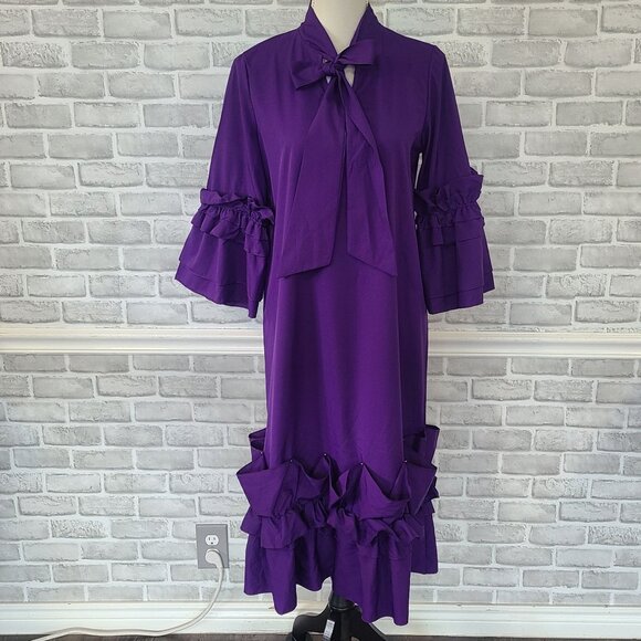 Purple Ruffled Chic Shift Dress NEW Glam Witchy Vibes Bowtie Long Sleeve Large - Picture 1 of 8